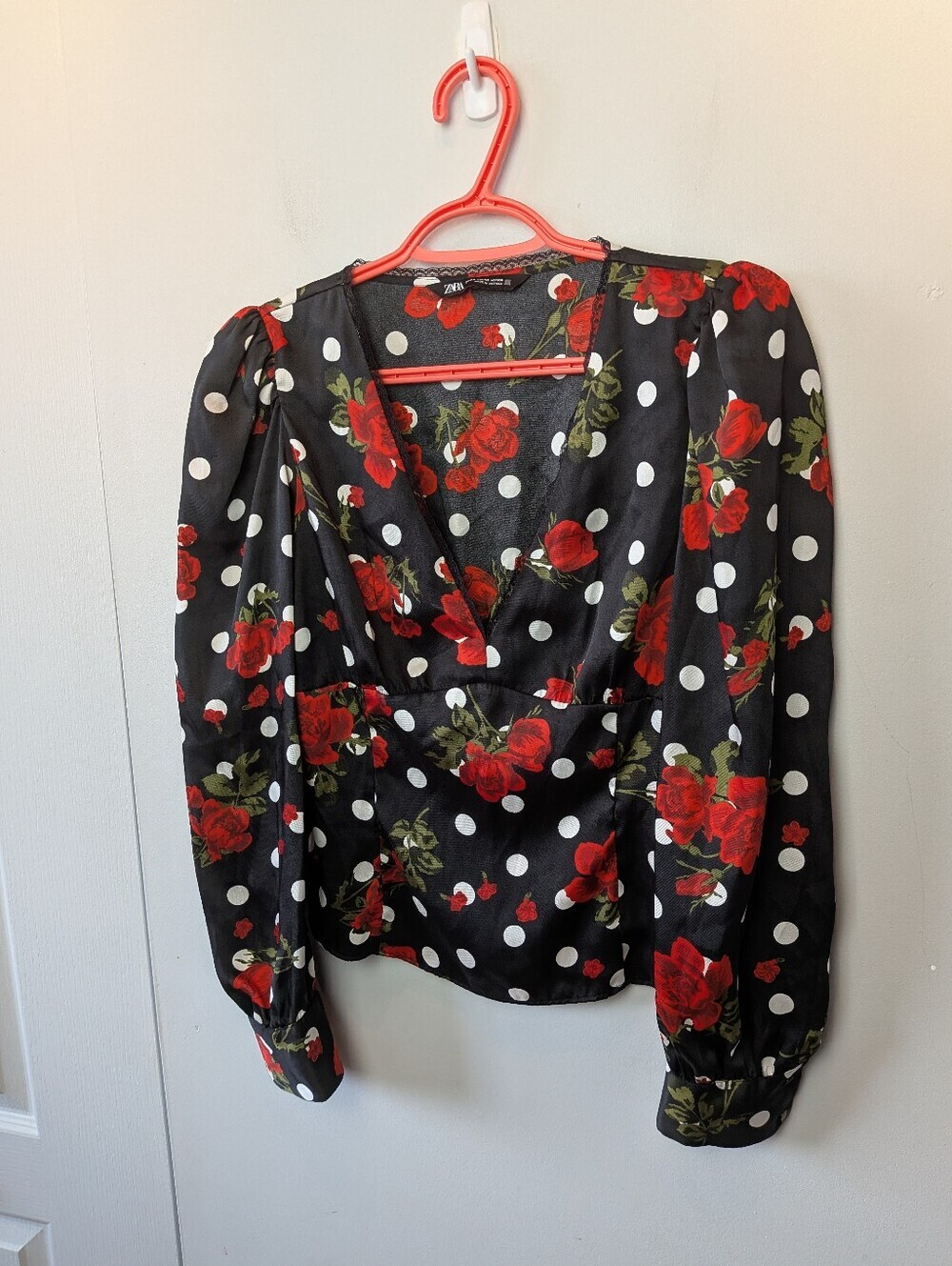 ZARA Women Blouse Size XS Polka Dot Black White Red Roses Long Sleeve Side Zip